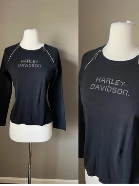 Harley-Davidson Black Long Sleeve Top with Silver Zipper Accents